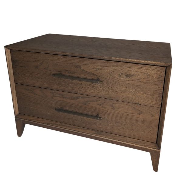 A wooden two-drawer bedside cabinet with handles