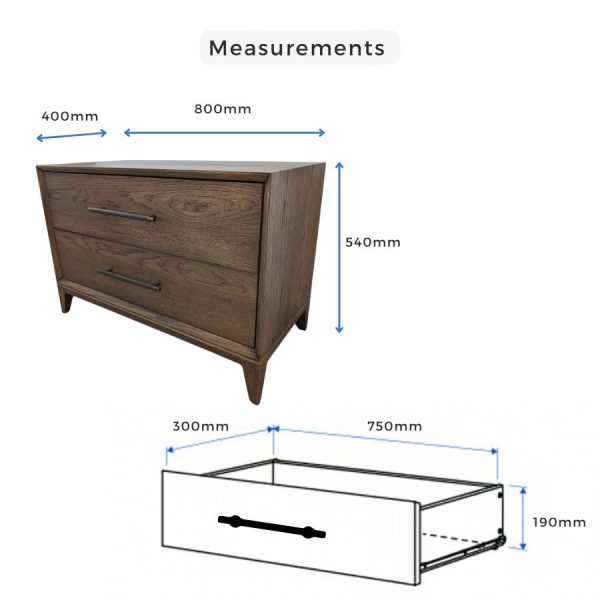 A wooden two-drawer bedside cabinet with handles