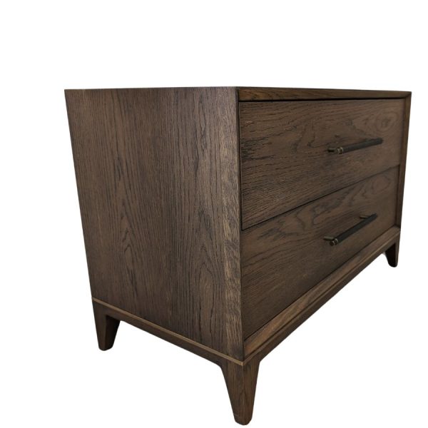 A wooden two-drawer bedside cabinet with handles