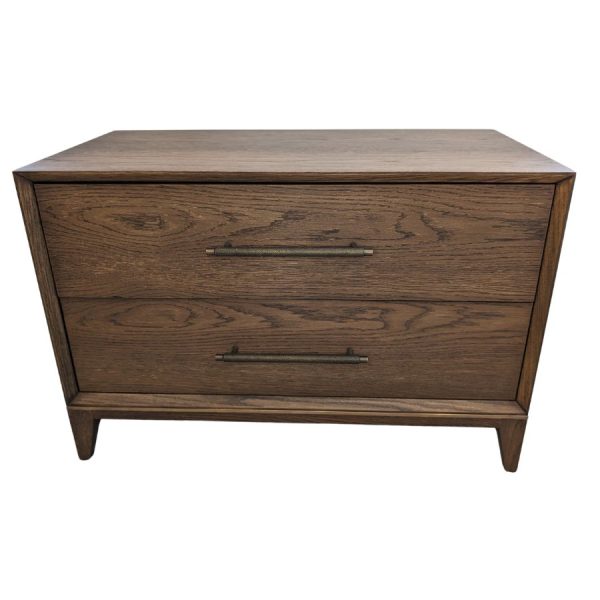 A wooden two-drawer bedside cabinet with handles